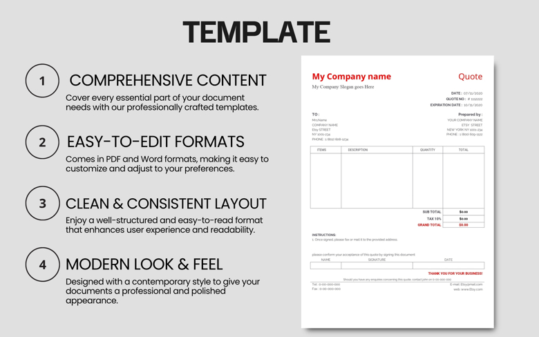 Editable Price Quote Template | Fillable Sales Quotation Form in PDF & Word | Business Service Estimate Sheet