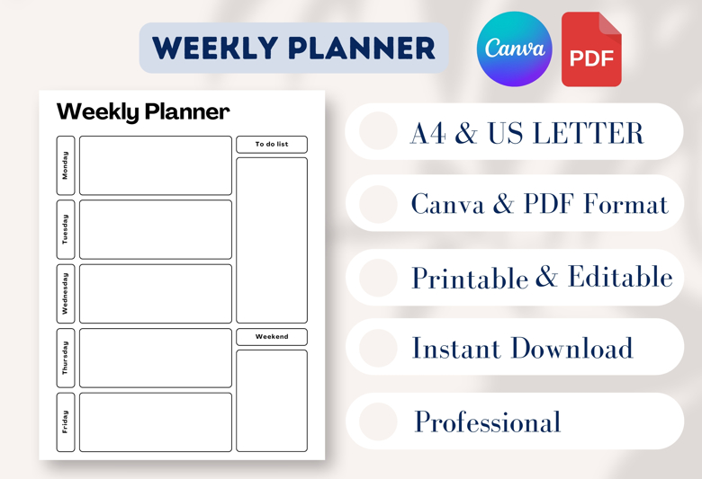 Minimalist Weekly Planner | Printable Work & Life Organizer | Mon–Fri Focus + To Do List | A4 & US Letter