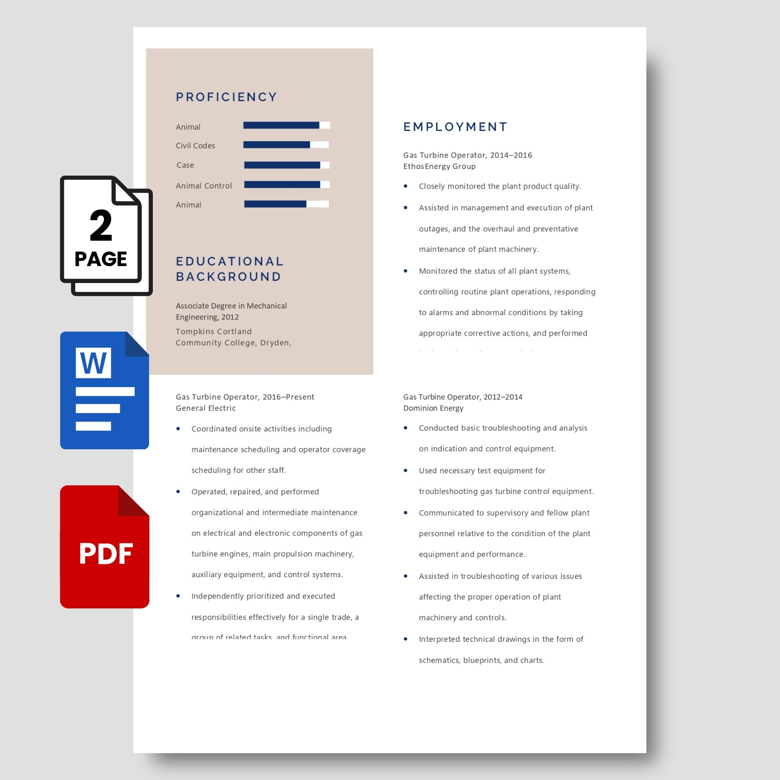 Editable Gas Turbine Operator Resume Template – Professional CV in PDF & Word – Instant Download for Engineers & Technicians