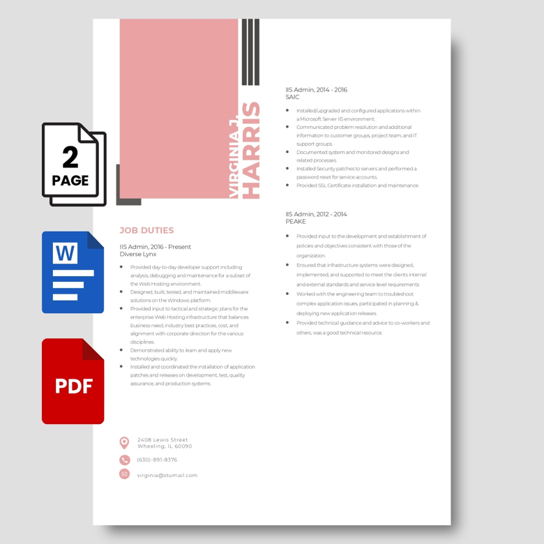 Editable IIS Admin Resume Template - Two Page CV for IT Professionals PDF & Word - Modern Tech Industry Job Application Layout