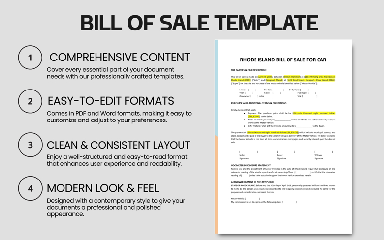 Rhode Island Car Bill of Sale Template | Vehicle Sales Agreement | Printable PDF & Editable Word | With Odometer & Notary Secti