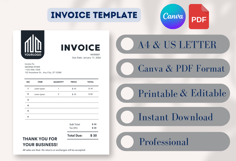 Minimalist Editable Invoice Template | A4 & US Letter Size | Business Invoice for Small Business & Freelancers | Instant Downlo