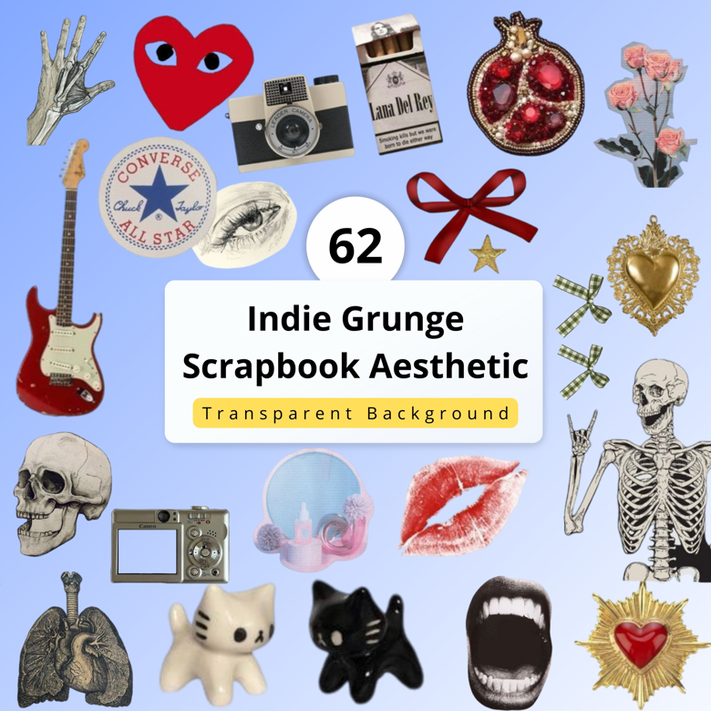 62 Indie Grunge Scrapbook Aesthetic PNG Set | Retro, Vintage, Collage Stickers