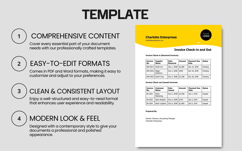Invoice Tracker Template | Check-in & Check-out Log | Editable PDF & Word for Business Accounting