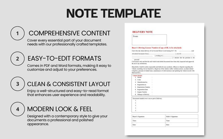 Vehicle Delivery Note Template | Car/Scooter/Motorcycle Sale Receipt Form | Editable PDF & Word