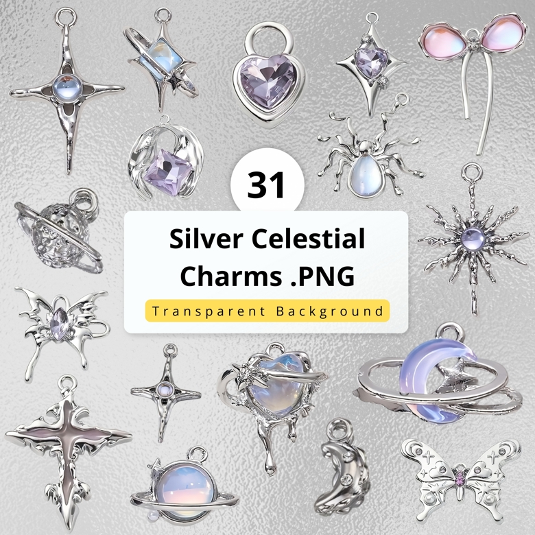 31 Silver Celestial Charms PNG Set | Moon, Star, Planet, Galaxy Charms