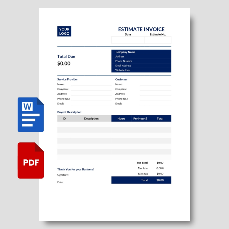 Estimate Invoice Template | Editable PDF & Word | Business Quote & Service Estimation Form
