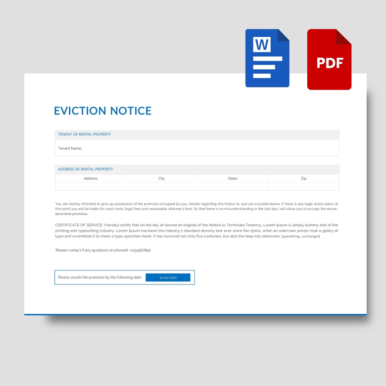 Eviction Notice Template | Editable Tenant Termination Form in PDF & Word | Printable Rental Property Notice to Vacate