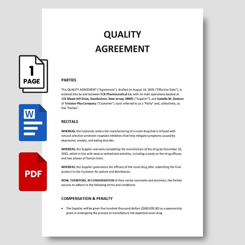 Quality Agreement Template | Editable Manufacturing Contract | PDF & Word | Supplier-Customer B2B Agreement Form