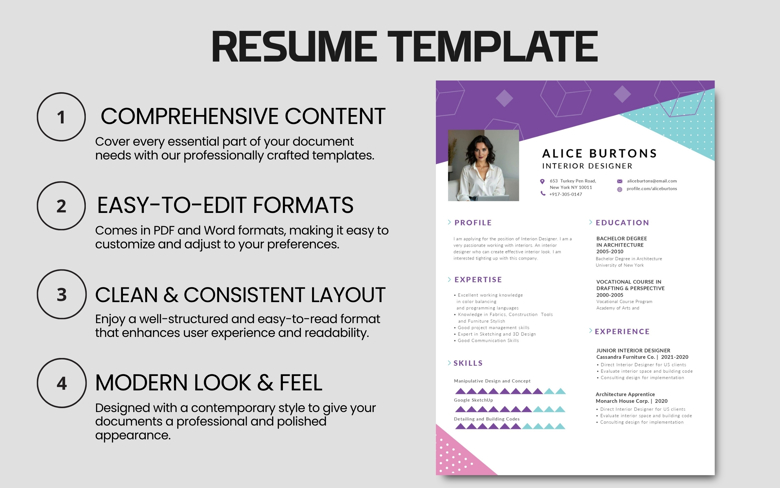 Editable Modern Resume Template - One Page CV for Interior Designer PDF & Word - Professional Job Application Layout