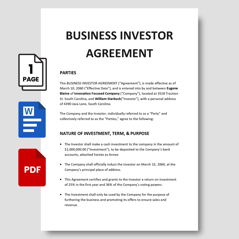Business Investor Agreement Template | Editable Investment Contract PDF & Word | ROI & Voting Rights Deal Document for Startups