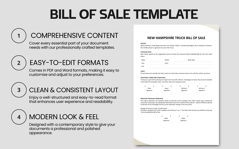 New Hampshire Truck Bill of Sale Template | Printable Vehicle Sales Form with Odometer Disclosure | Word & Fillable PDF