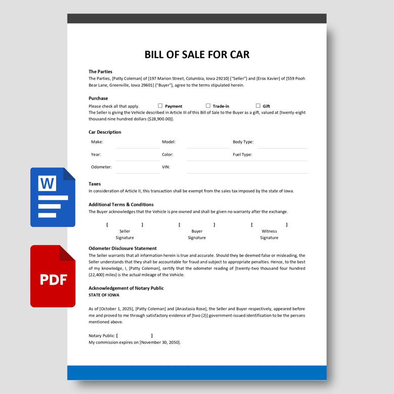 Bill of Sale for Car Template | Printable Vehicle Transfer Form | Editable Iowa Auto Sale Agreement PDF