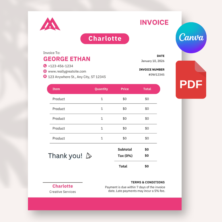Modern Invoice Template | Printable Canva Invoice | A4 & US Letter Size | Editable Business Billing Receipt