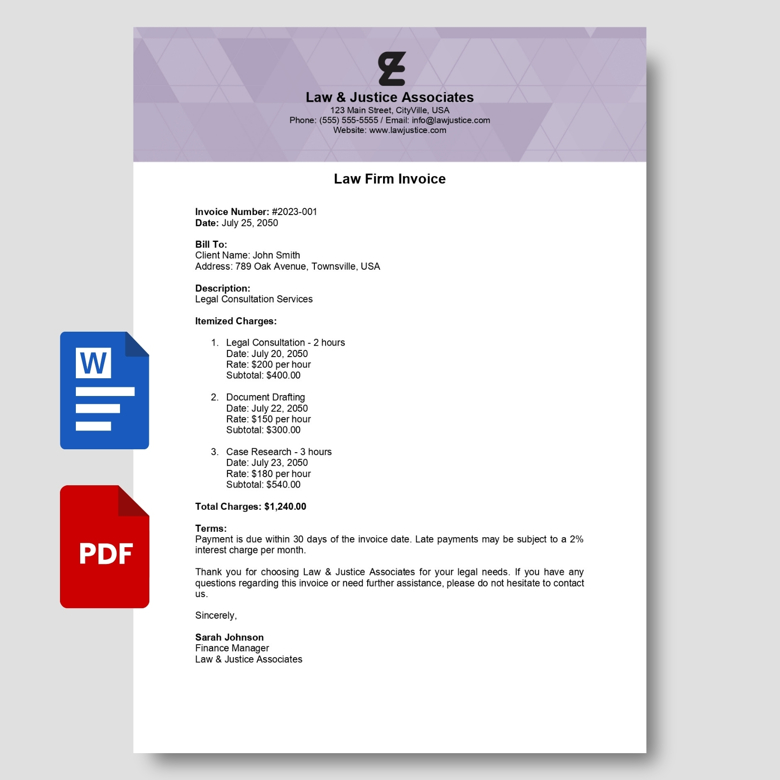 Law Firm Invoice Template | Legal Billing Statement in PDF & Word | Professional Attorney Fee Invoice