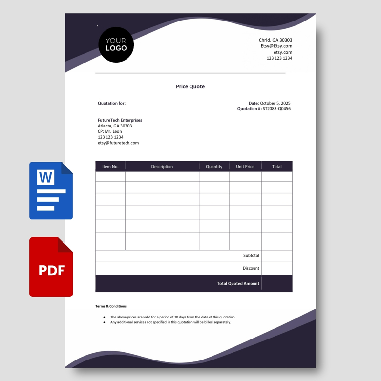 Editable Quotation Template - Simple Price Quote for Business (Word & PDF) - Clean & Professional Layout