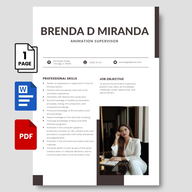 Editable Animation Supervisor Resume Template | CG & 3D Artist Resume for Film & Gaming | Word & Fillable PDF CV