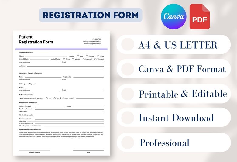 Patient Registration Form Template | Editable Medical Intake Form for Clinics & Doctors | Canva Template
