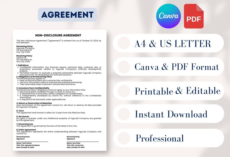 Non-Disclosure Agreement Template | Editable NDA Contract for Business, Freelancers & Partnerships