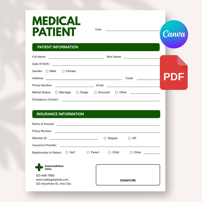 Medical Patient Intake Form Template | Editable Canva Clinic Registration Sheet | Personal & Insurance Info Form
