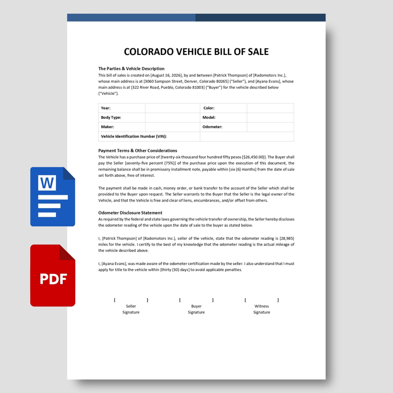 Colorado Vehicle Bill of Sale Template | Printable Car Transfer Form | Editable Auto Sale Agreement PDF