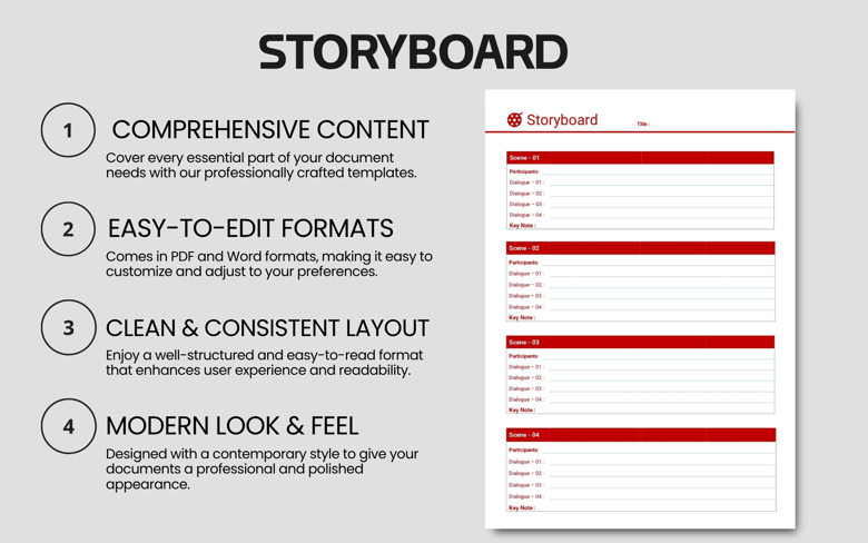Editable Storyboard Template | Film & Animation Script Planner | Fillable PDF & Word for Scene Dialogue Notes