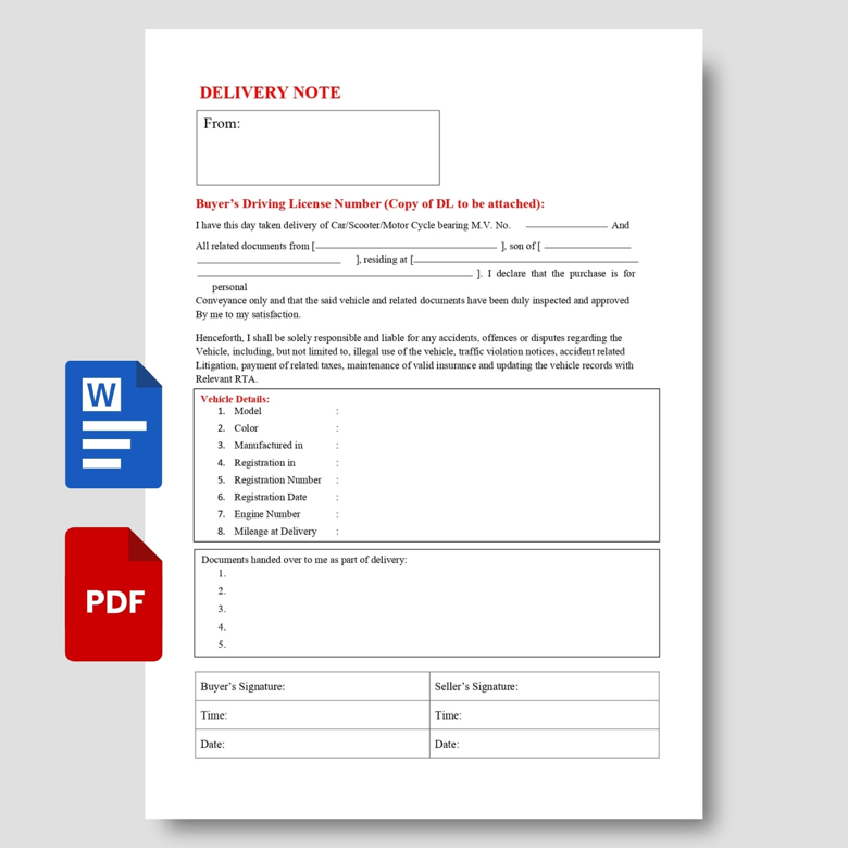Vehicle Delivery Note Template | Car/Scooter/Motorcycle Sale Receipt Form | Editable PDF & Word