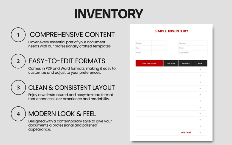 Simple Inventory Tracker Template | Editable Stock Log Sheet in PDF & Word | Product List & Quantity Record
