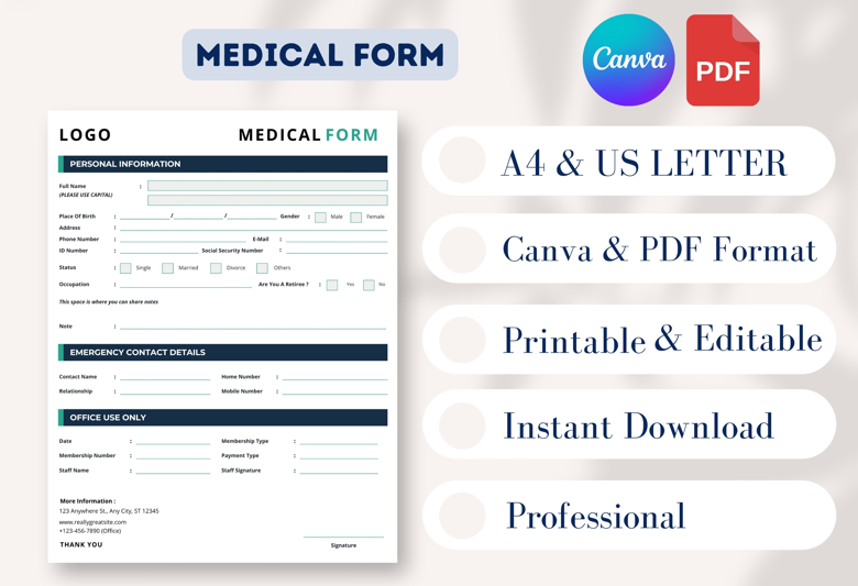 Medical Form Template | Patient Registration Form | Editable Canva Template | US Letter Size | Clinic & Healthcare Use