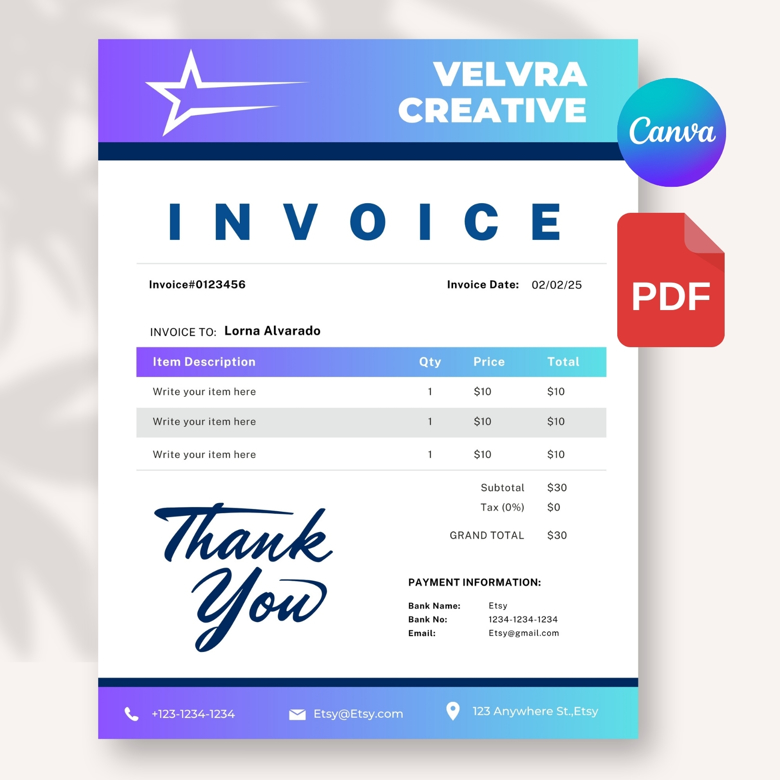 Modern Editable Invoice Template | Gradient Billing Form | Professional PDF for Freelancers & Small Business