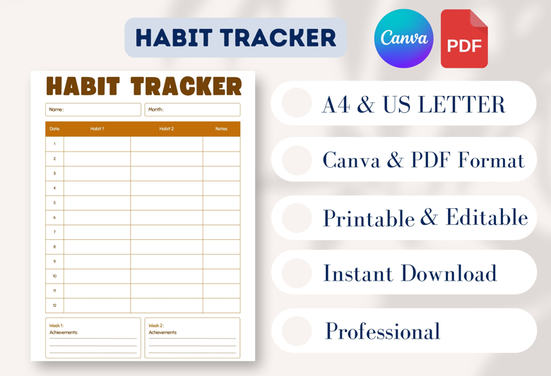 Printable Habit Tracker for Kids | Monthly Behavior Log | Fun Routine Chart | 2-Habit Daily Tracker | US Letter PDF | Self-Disc