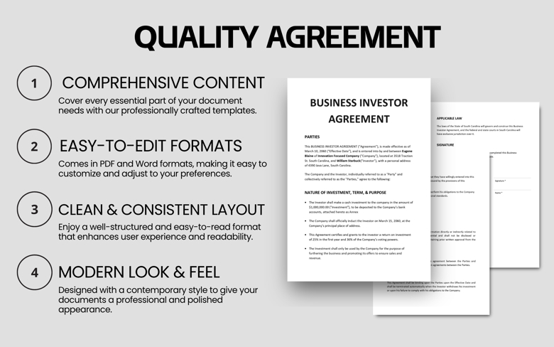 Business Investor Agreement Template | Editable Investment Contract PDF & Word | ROI & Voting Rights Deal Document for Startups