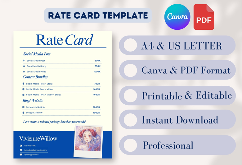 Rate Card Template for Influencers & Creators | Editable Media Kit Pricing Sheet | Canva Template | A4 & US Letter | Instant Do
