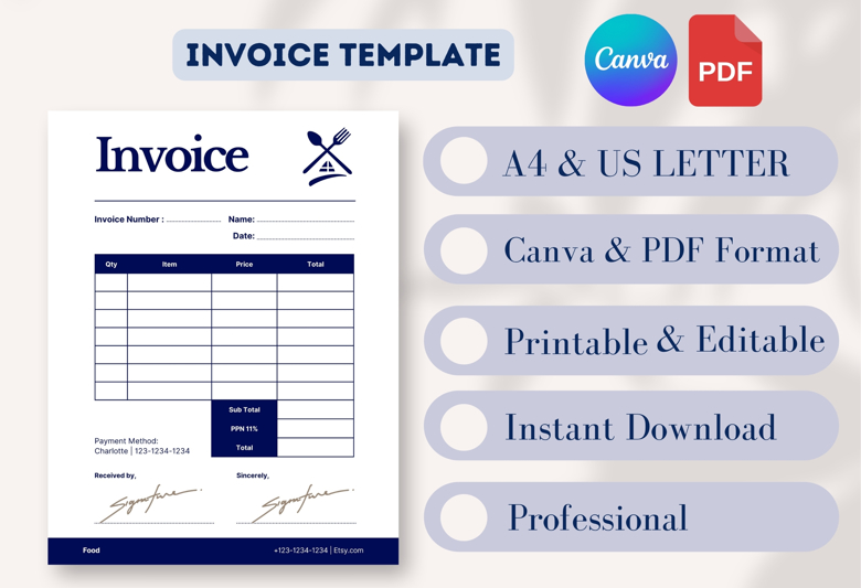 Editable Food Invoice Template | Printable Restaurant Bill | A4-US Letter Size | Clean & Professional Design | Instant Download