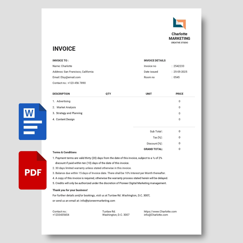 Marketing Invoice Template | Editable Invoice for Freelancers & Agencies | PDF & Word | Instant Download