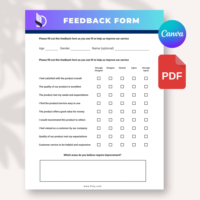 Customer Feedback Form Template | Printable Survey Form | A4 & US Letter | Editable in Canva | Business Review Form