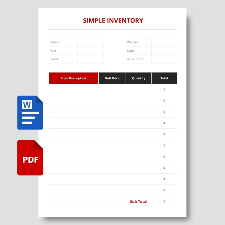 Simple Inventory Tracker Template | Editable Stock Log Sheet in PDF & Word | Product List & Quantity Record