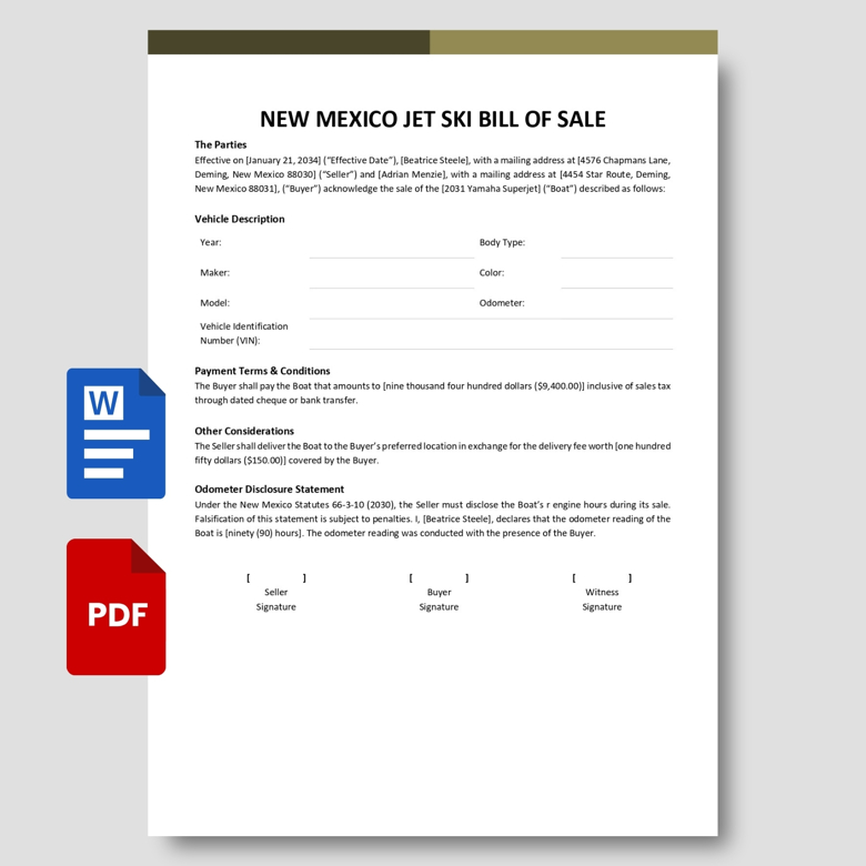 New Mexico Jet Ski Bill of Sale Template | Editable Boat Sales Form with Odometer Disclosure | Word & Fillable PDF