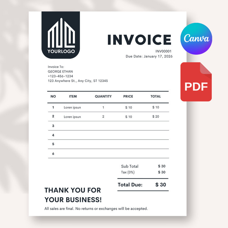 Minimalist Editable Invoice Template | A4 & US Letter Size | Business Invoice for Small Business & Freelancers | Instant Downlo