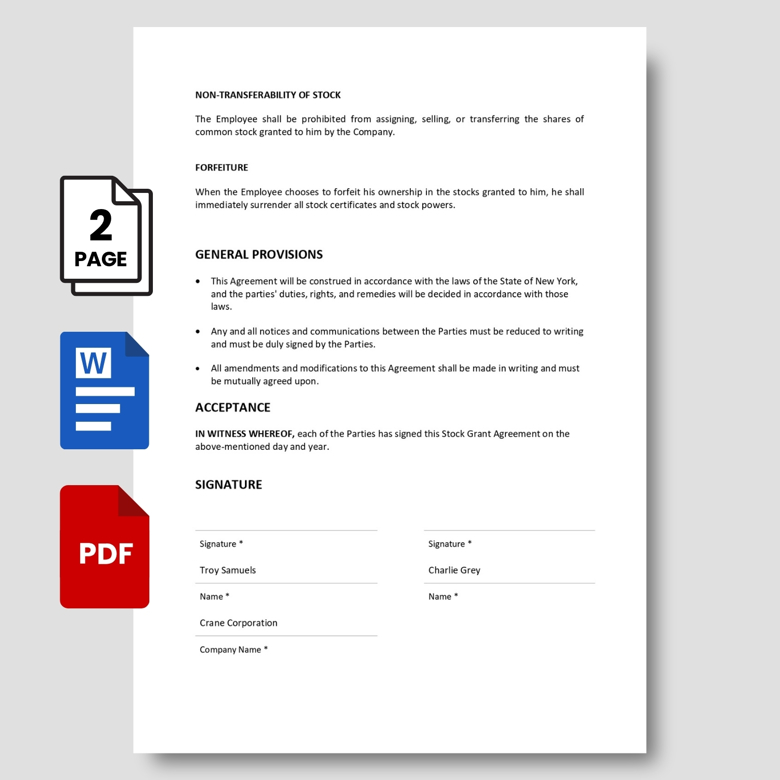 Stock Grant Agreement Template | Editable Employee Share Allocation Contract | Business Equity Document PDF & Word Format