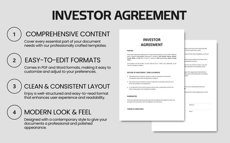 Investor Agreement Template | Editable Business Investment Contract PDF & Word | Shareholder Terms & Equity Deal Document