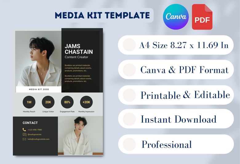 Modern Male Influencer Media Kit Template | Editable Canva Press Kit for Content Creators & Models | Stylish Aesthetic | Instan