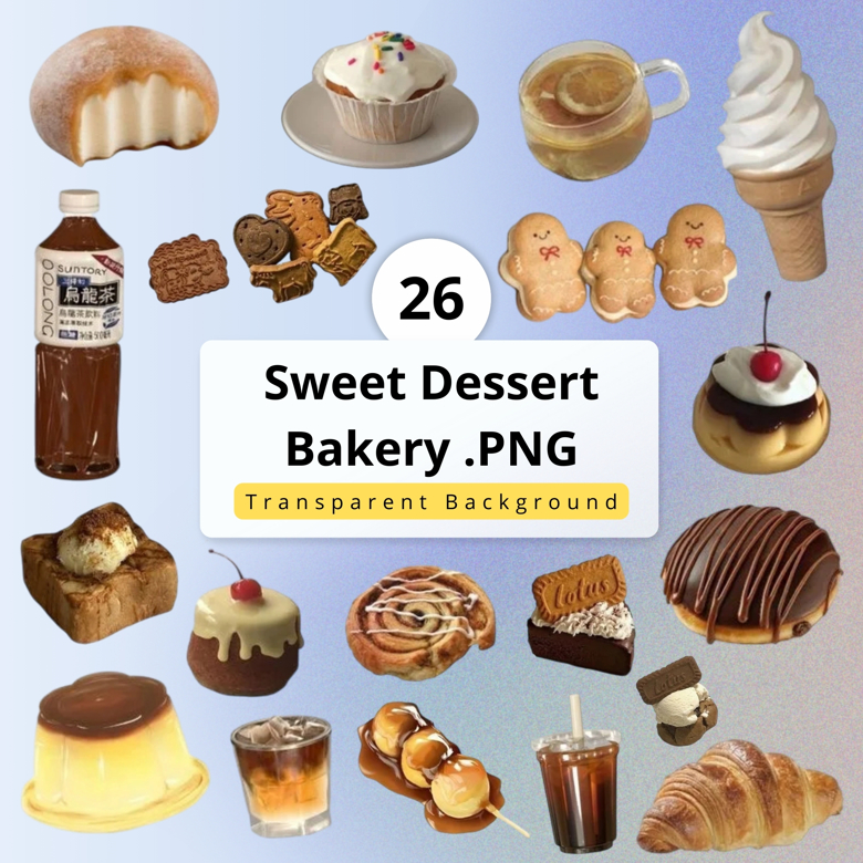 26 Sweet Dessert Bakery PNG Set | Cakes, Pastries, Cookies, Ice Cream