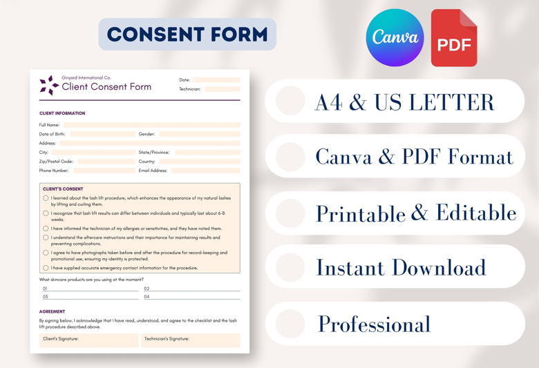 Client Consent Form Template for Lash Lift | Editable Canva Beauty Treatment Agreement | Aesthetic Salon Intake Form