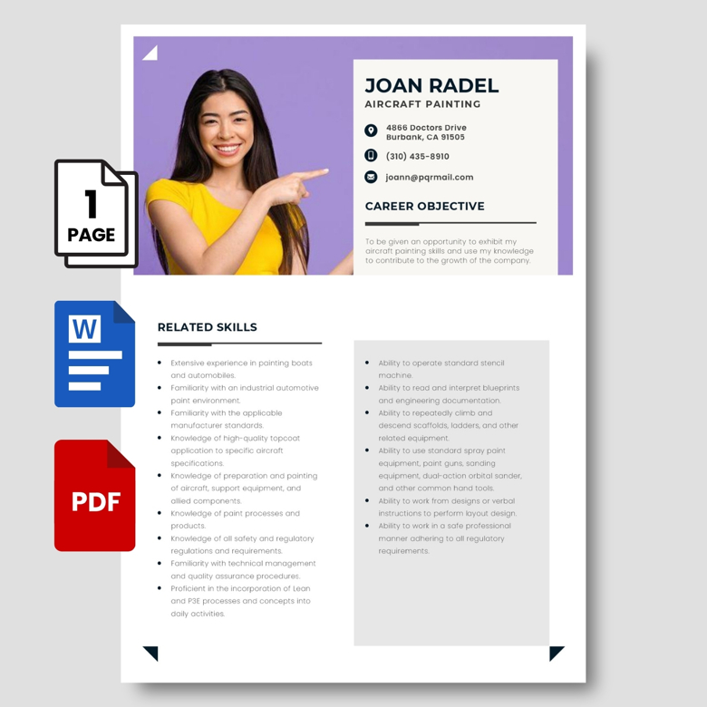 Editable Aircraft Painter Resume Template - Aviation Industry CV PDF & Word - Professional Job Application Layout for Technical