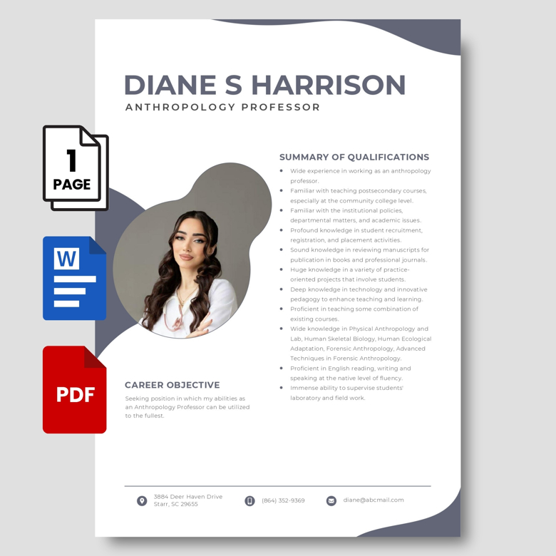 Editable Anthropology Professor Resume Template | Modern CV Layout for Academic Professionals | Word & PDF Format