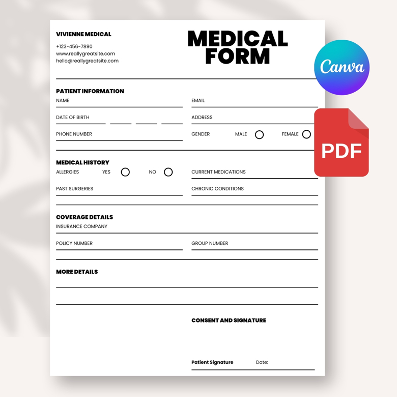 Simple Medical Form Template | Patient Information & Health History Form | Editable Canva Template | US Letter | Clinic & Pract