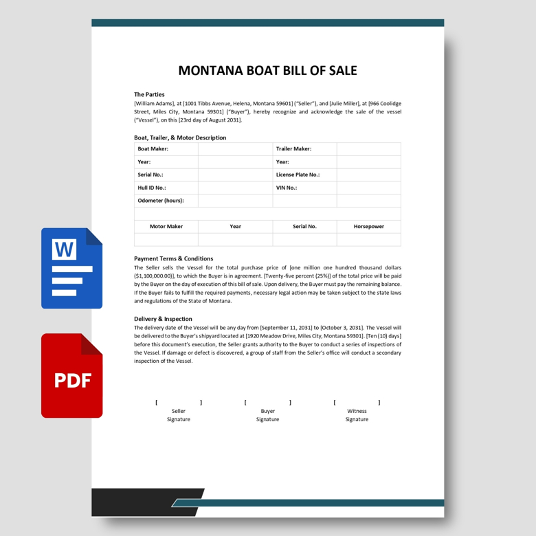 Montana Boat Bill of Sale Template | Editable Vessel, Trailer & Motor Sale Agreement | Fillable PDF & Word Format
