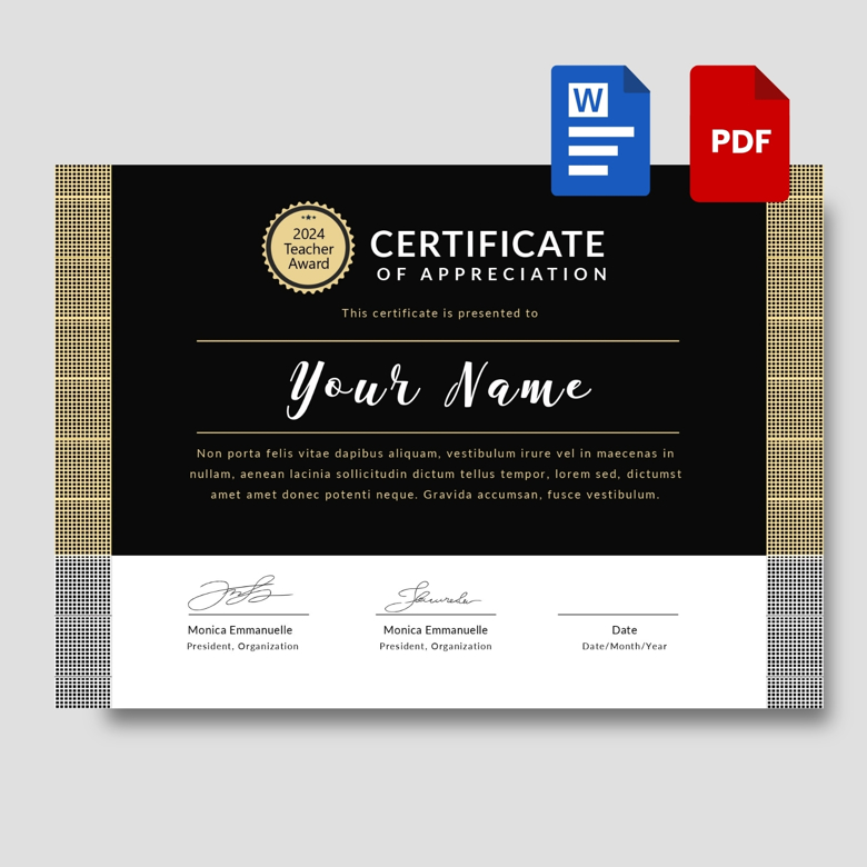 Editable Teacher Appreciation Certificate Template - Printable Award PDF & Word - Modern Black & Gold Design