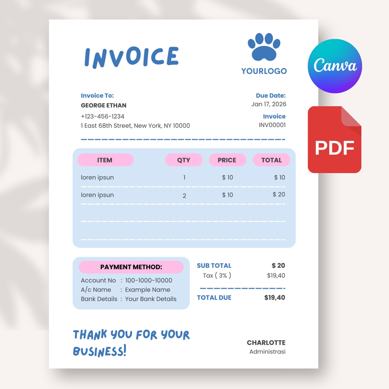 Pastel Pink & Blue Invoice Template | A4 + US Letter Size | Printable Small Business Billing PDF | Digital Download